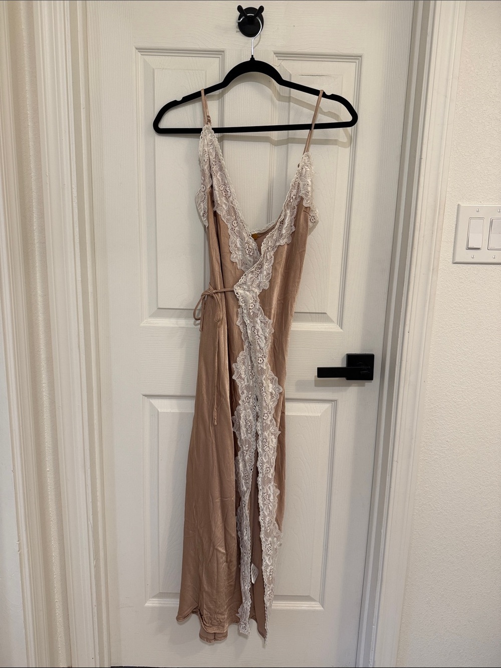 Lace-Trim Maxi Slip Dress in Taupe